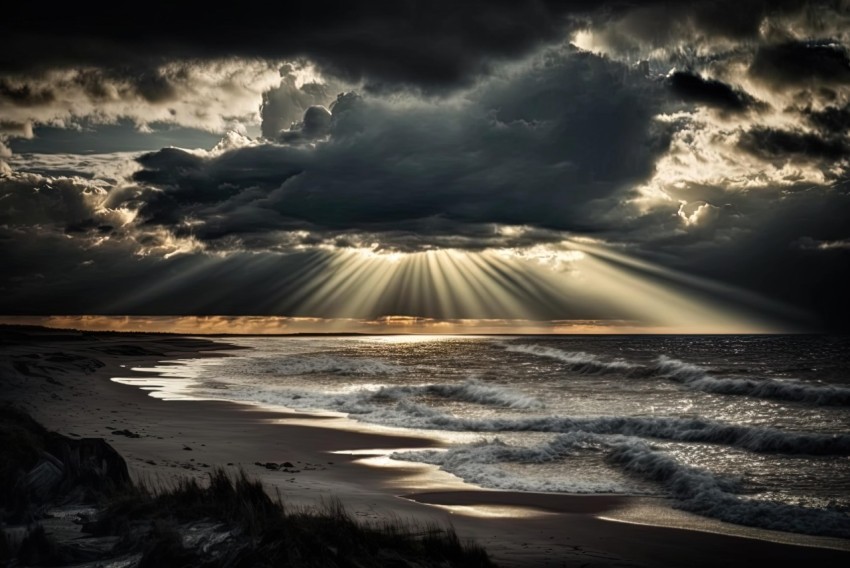 Dramatic Ray of Light: Dark Sky and Waves at Beach