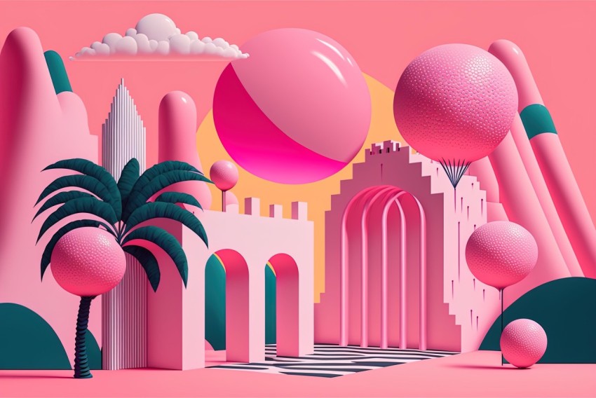 Pink Abstract Buildings and Balloon | Graphic Design-inspired Illustration