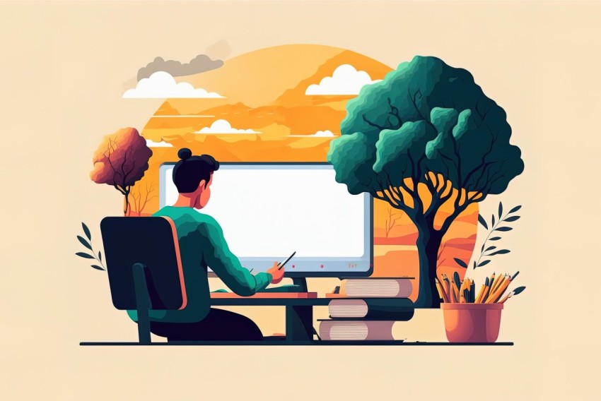 Nature-Inspired Vector Illustration of a Man with a Desk