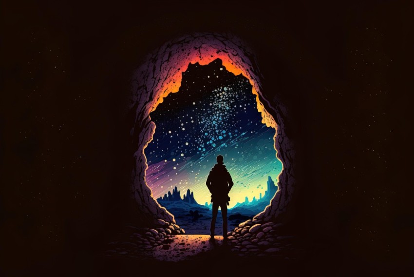 Psychedelic Illustration of a Man Looking Out from a Cave under the Stars