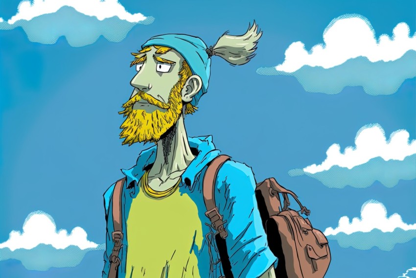 Cartoon Man with Beard and Backpack in Detailed Skies