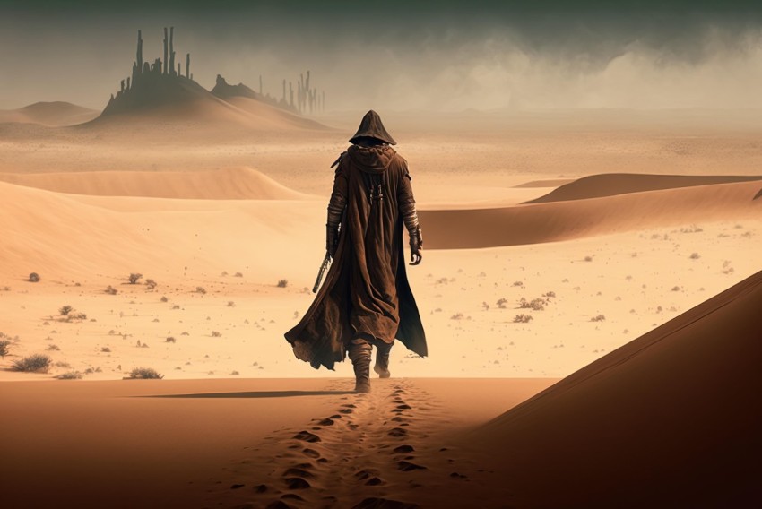 Mysterious Man in Cloak Walking in Post-Apocalyptic Deserts | Fantasy Illustration