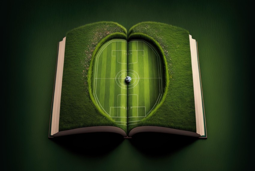 Surreal 3D Landscape: Green Book with Soccer Player Inside