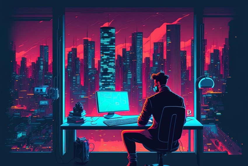 Scifi Illustration of a Man at His Computer