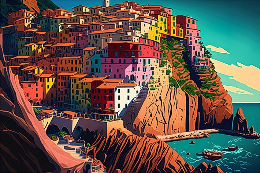 Colorful Village on a Cliff | Retro Visuals | Detailed Shading