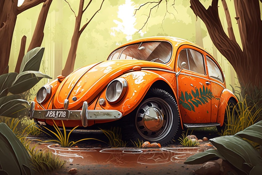 Orange VW Beetle in the Woods - 2D Game Art Illustration