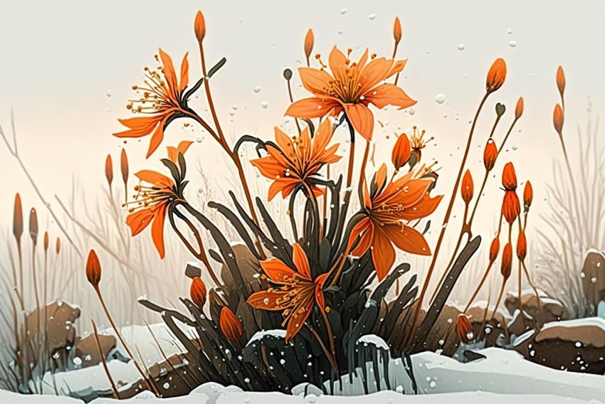 Orange Flower Illustration in Snowy Forest | Hyper-Realistic Art