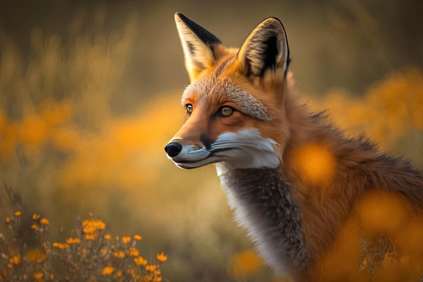 Red Fox with Yellow Flowers - Photorealistic Portraiture