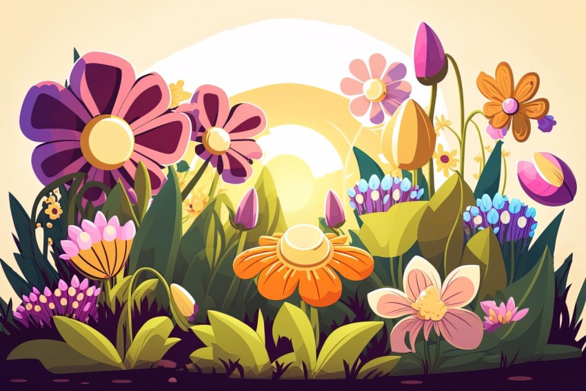 Colorful Cartoon Garden with Flowers and Sunflowers