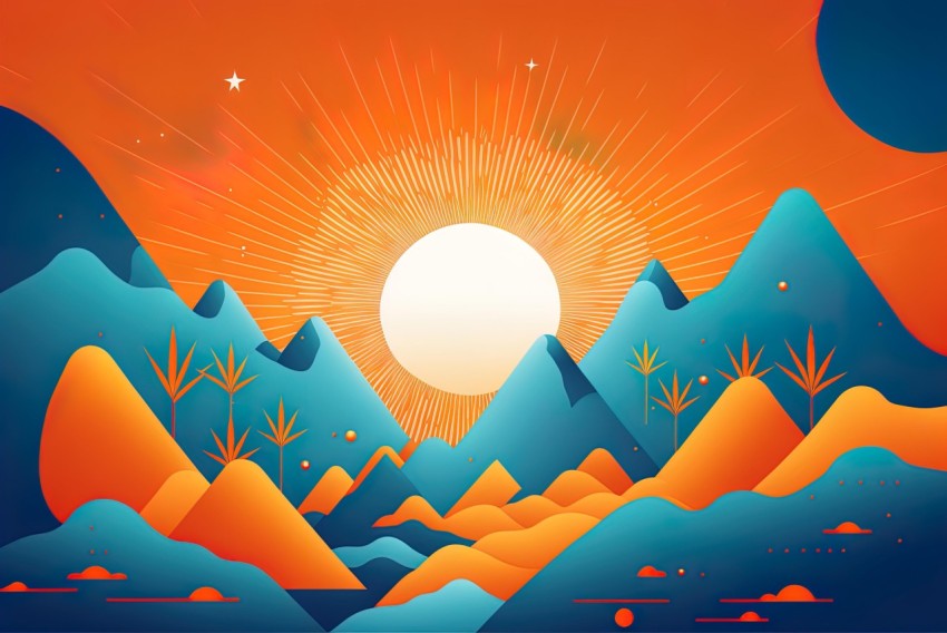 Colorful Illustration of Mountains and Sun with a Sunrise