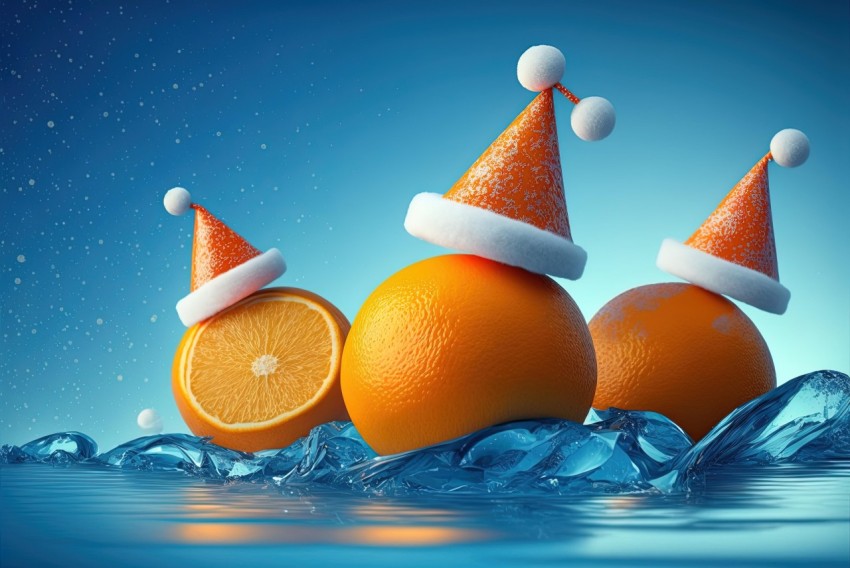 Santa Hat Oranges in Water - Realistic Hyper-Detailed Rendering