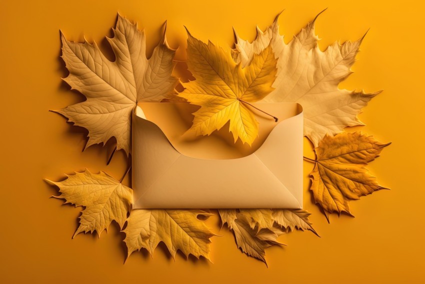 Envelope Filled with Autumn Leaves on Yellow Background | Hyperrealistic Composition