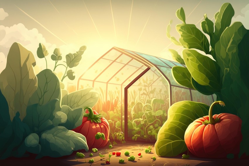 Vibrant Garden Illustration with Greenhouse and Vegetables
