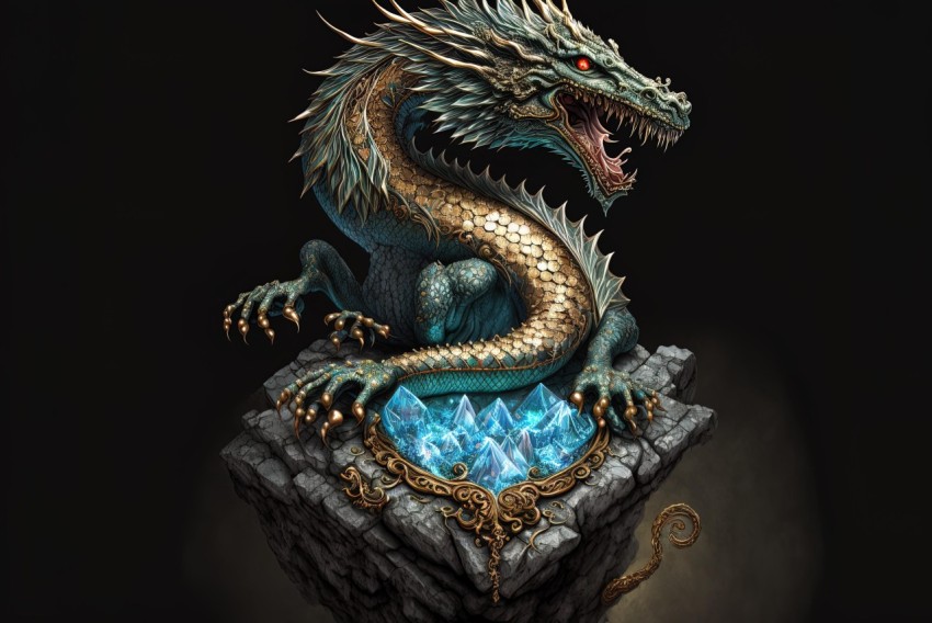 Blue Dragon - Hyperrealistic Illustration in Gold and Aquamarine