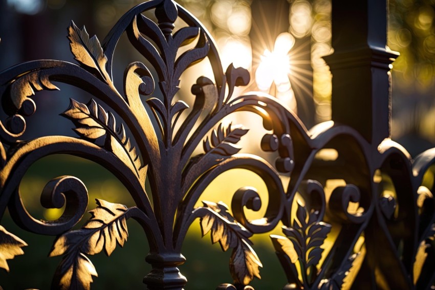 Sunlit Dark Iron Fence: Nature-Inspired Art and Sophisticated Ornamentation