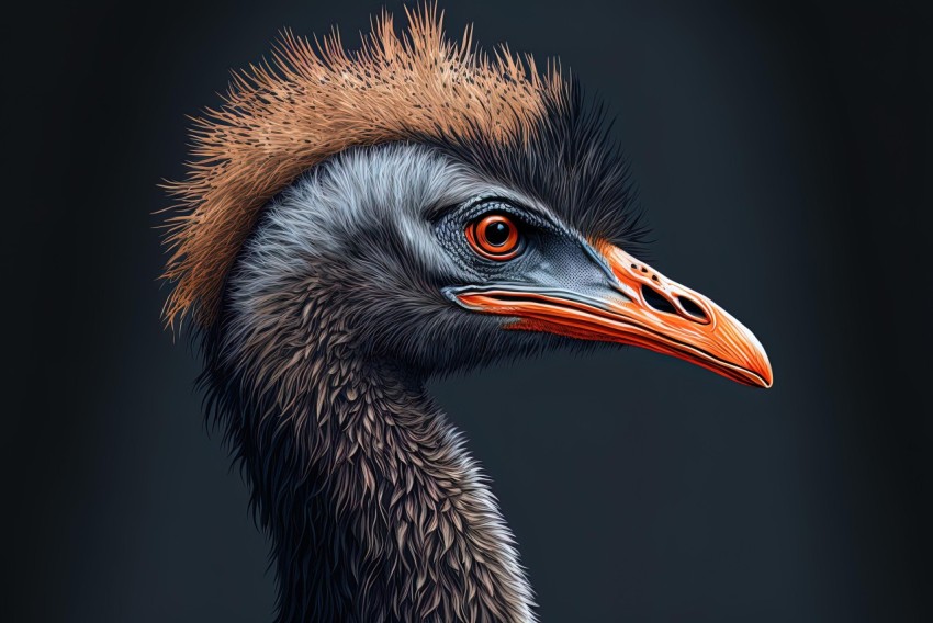 Dark Gray Ostrich Head with Long Beak | Caricature-like Illustrations