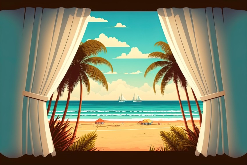 Vintage Beach Poster with Yachts and Palm Trees