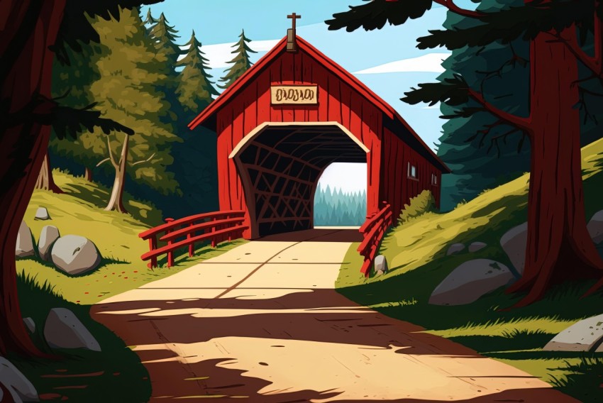 Cartoon Covered Bridge in Lush Forest - Detailed and Bold Architecture