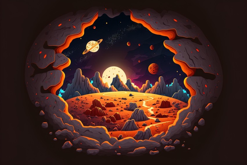 Colored Cartoon Style Planet Scene Illustration