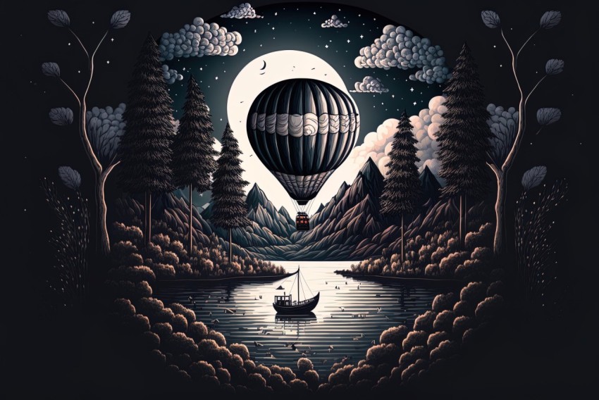 Hyper-Detailed Illustration of Hot Air Balloon and Lake at Night