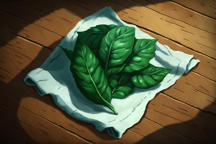 Spinach Leaves on Wooden Table - 2D Game Art with Hidden Details