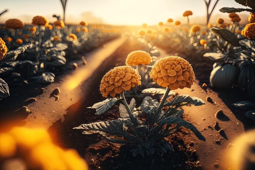 Chrysanthemum Field at Sunrise: Photorealistic and Surreal Organic Forms