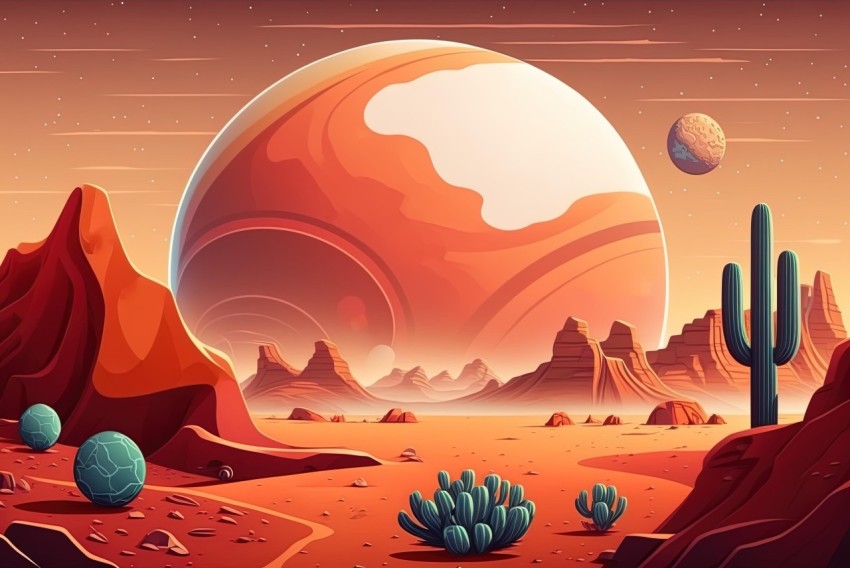 Cartoon Space Planet with Mountains and Cactus | Realistic Landscape Art