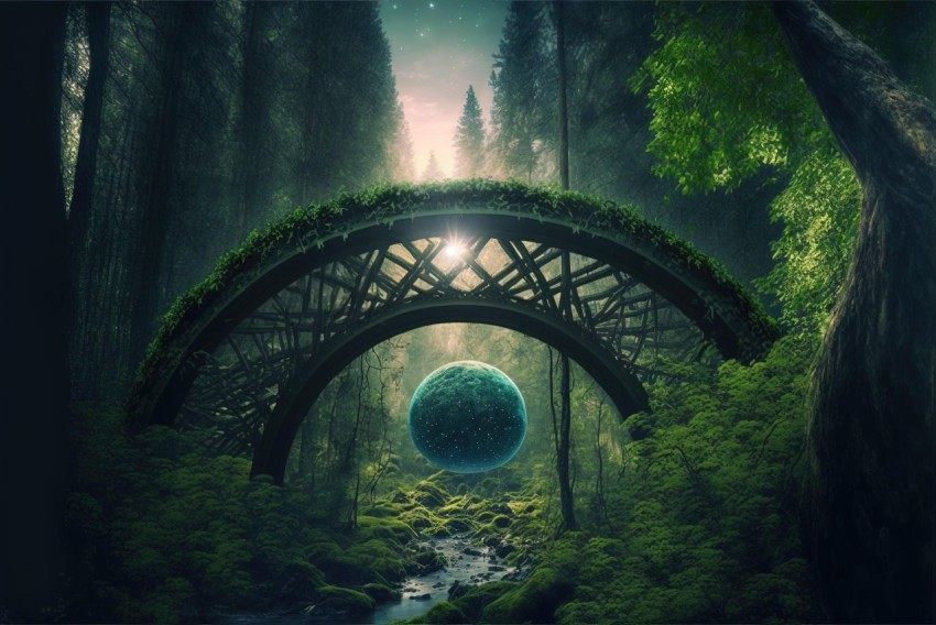 Ethereal Bridge in Lush Forest: Surrealistic Dreamscape