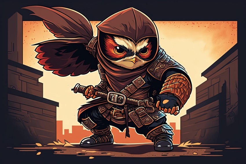 Cartoon Owl with Knives and Rifles - Bold Graphic Illustration