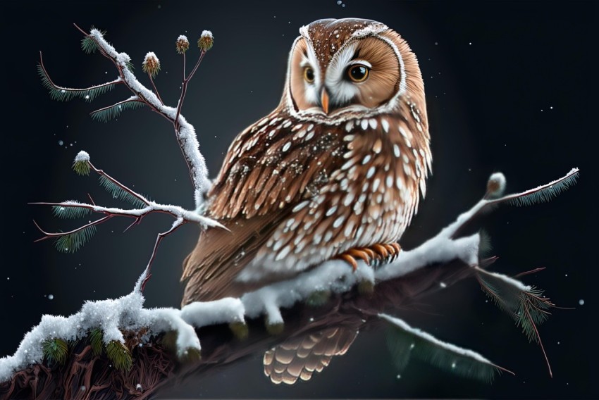 Winter Owl on Branch - Realistic Animal Illustration