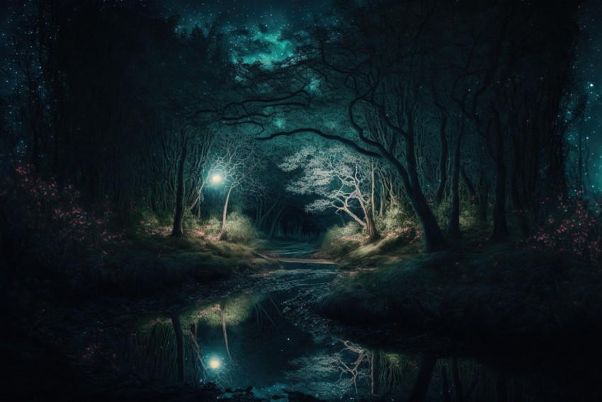 Dark Forest at Night: Surrealistic Fantasy Artwork