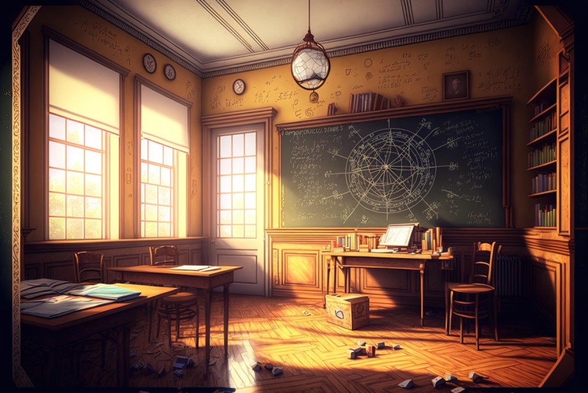 Intricate and Timeless Artistry: Vintage Classroom with Detailed Skies