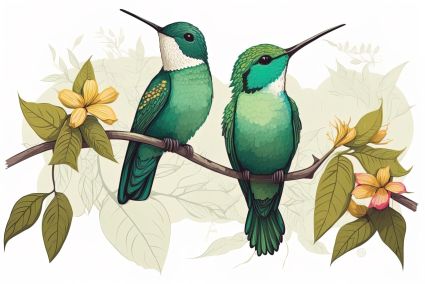 Green Hummingbirds on Branch - Detailed Editorial Illustration