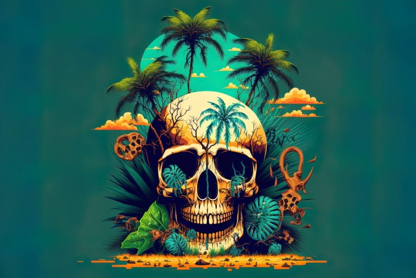 Skull and Palm Trees in the Sea - Vibrant Illustration