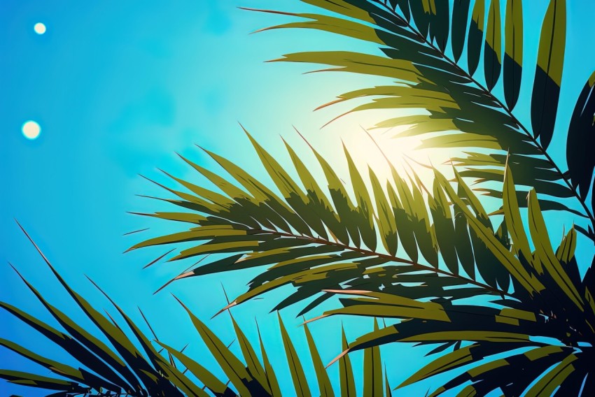 Stunning Palm Leaves Under Blue Sky | Digital Painting
