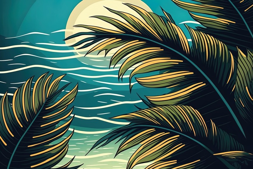 Detailed Illustration of Palm Branches at Sea with Moonlit Background