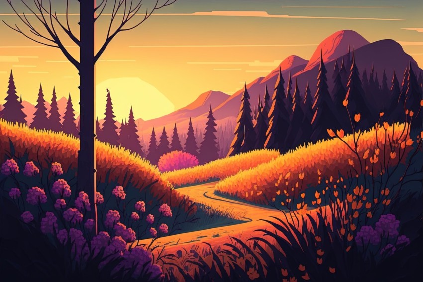 Scenic Forest Road Illustration at Sunset | Dark Amber & Magenta