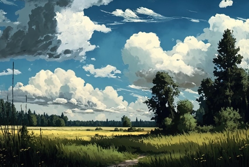 Anime Meadow Painting with Clouds and Yellow Path