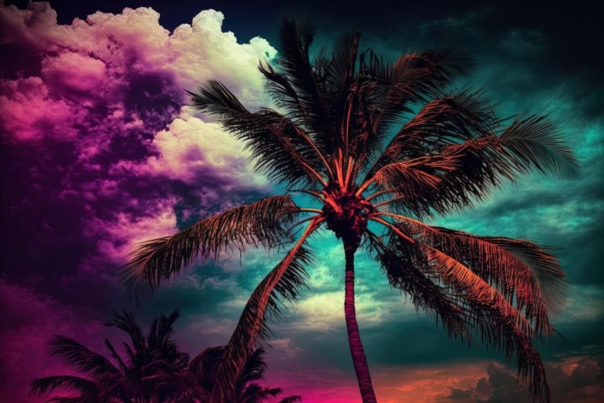 Palm Trees against Colorful Night Sky - Ominous Vibe | Digital Art