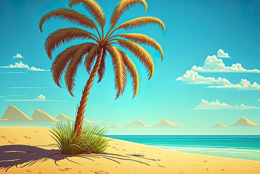 Retro Cartoon Palm Tree on Beach - Highly Detailed Illustration