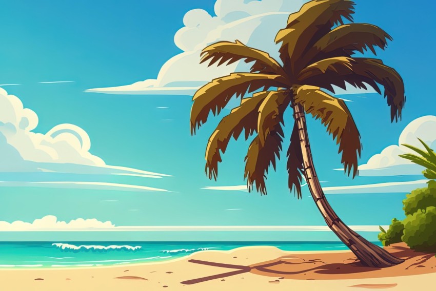 Cartoon Palm Tree on Tropical Beach | Calm Landscapes