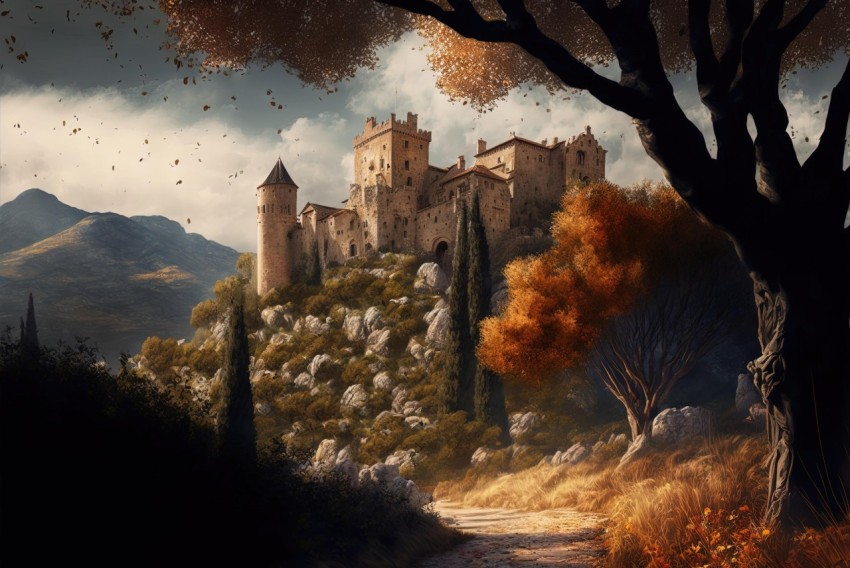 Old Castle in Autumn - Photorealistic Fantasy Painting