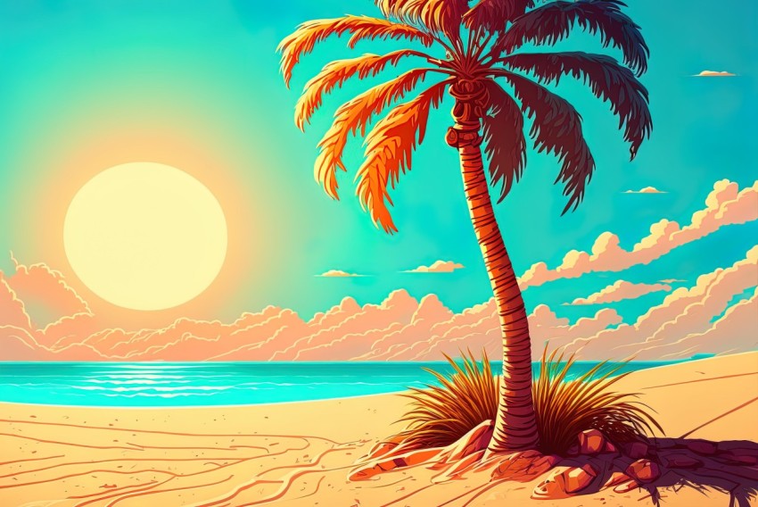 Vibrant Palm Tree Illustration on Beach | Vintage Poster Design