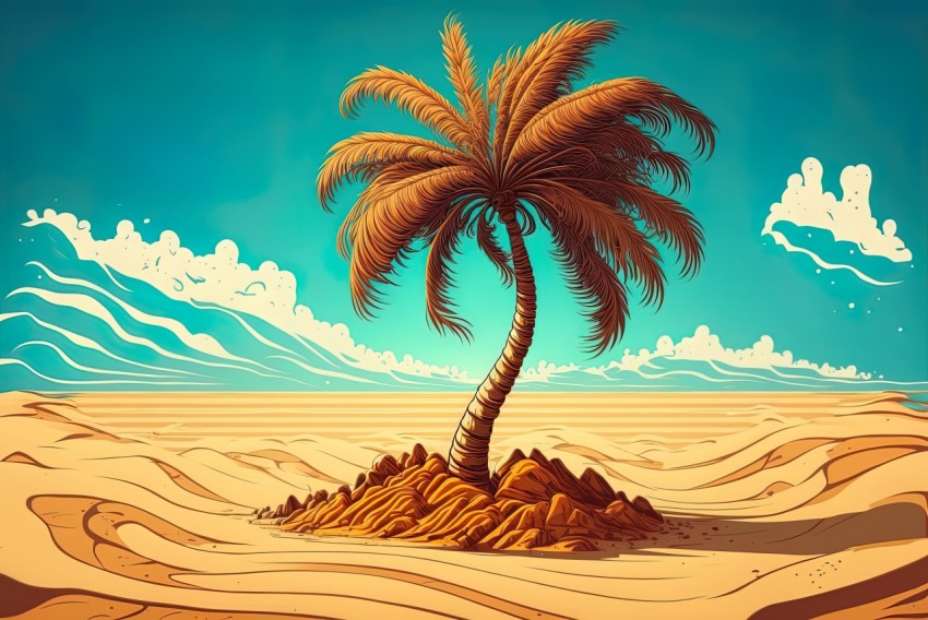 Majestic Palm Tree Illustration in Desert | Vibrant Pop Art Style
