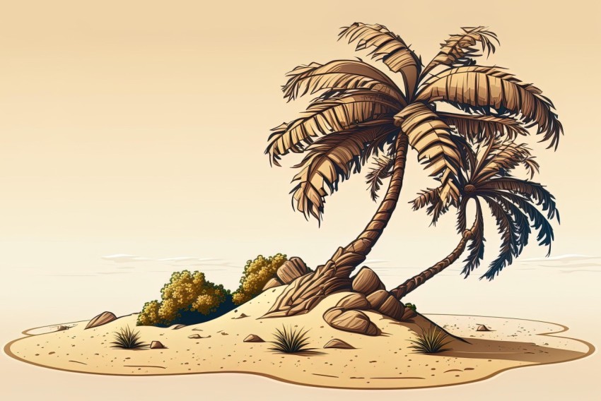 Detailed Palm Tree and Rocky Island Illustration in Dark Beige Style
