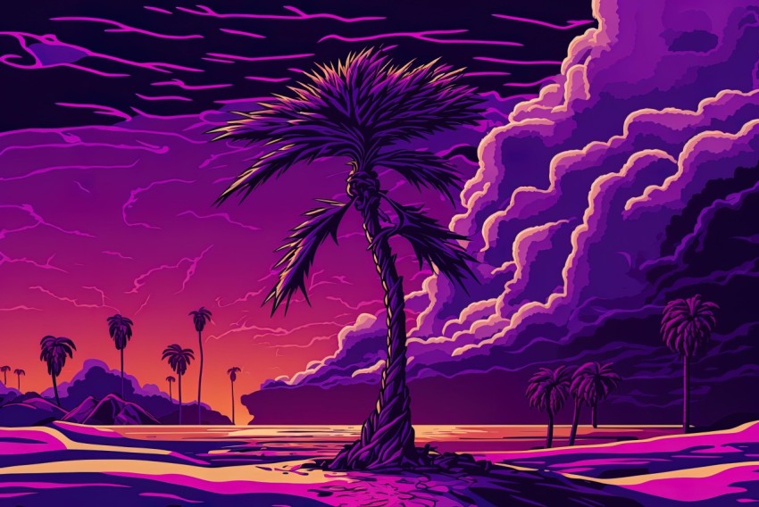 Purple Sky and Stormy Skyscape with Palm Trees - Hyper-Detailed Illustration in Neon Art Nouveau Style