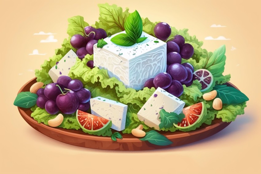 Artistic Salad Illustration with Grapes, Nuts, and Cheese