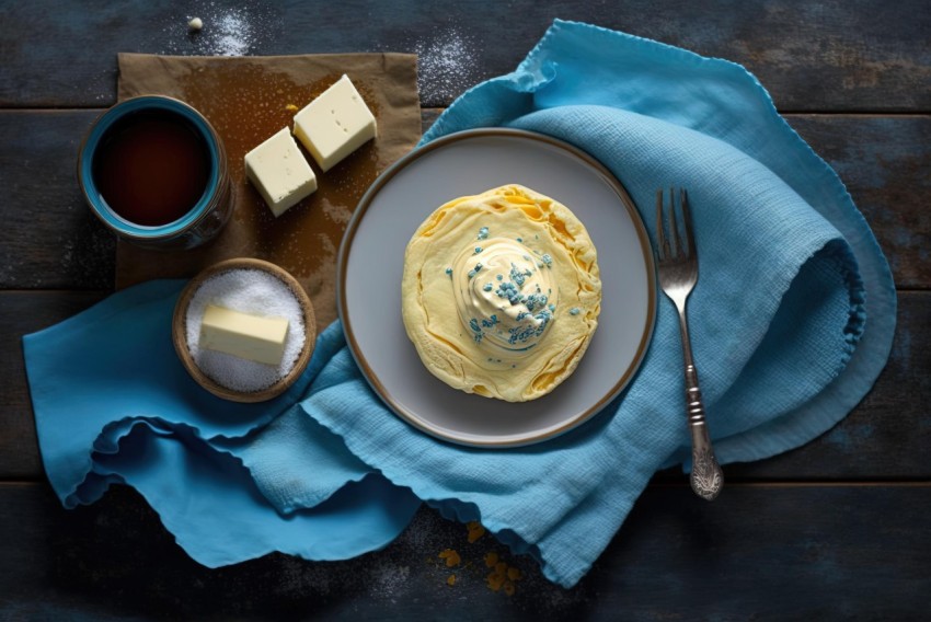 Delicious Butter and Sugar Dessert on Blue Tabletop - Aerial View