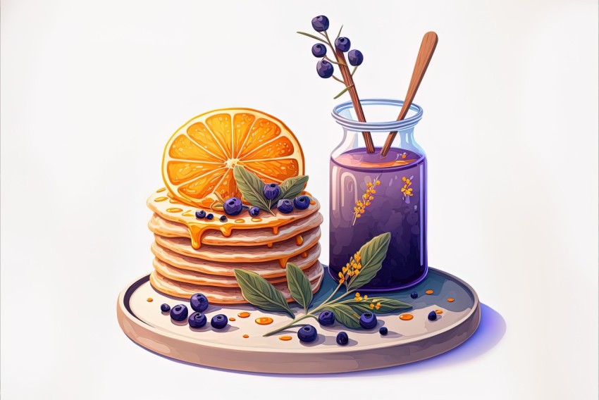 Botanical Illustration of Pancakes with Orange Juice | Moody Color Scheme