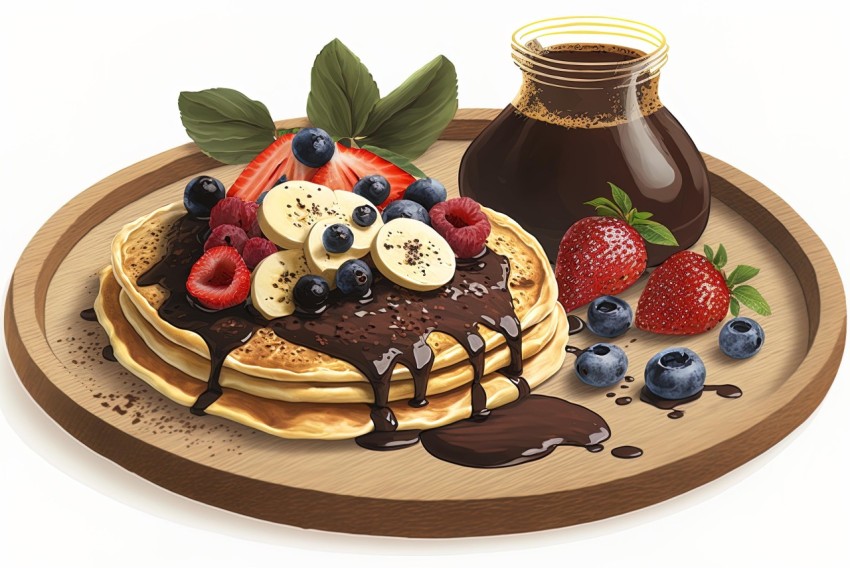 Detailed Painting of Cartoon Pancakes with Syrup and Chocolate